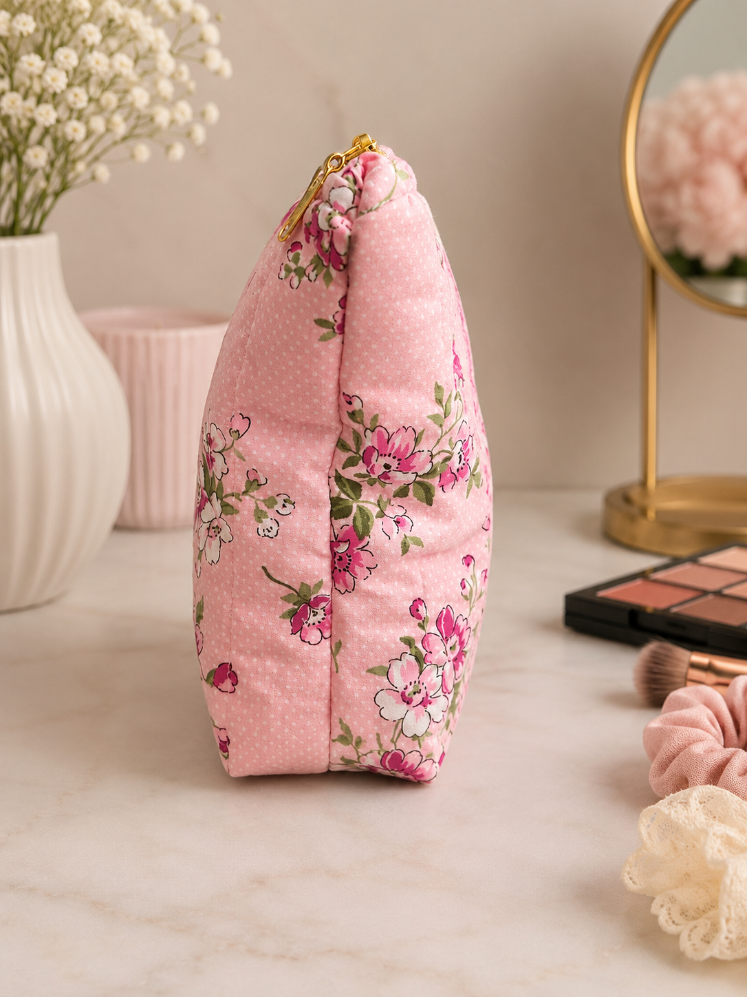 Pink Floral Quilted Makeup Bag