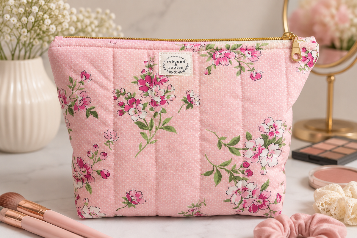Pink Floral Quilted Makeup Bag