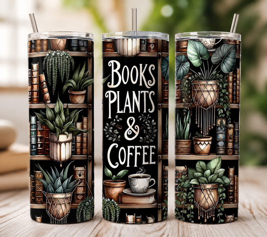 20 Oz Skinny Tumbler - Books, Plants, & Coffee